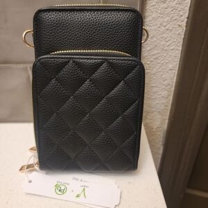Black Quilted Crossbody Bag with Gold Accents